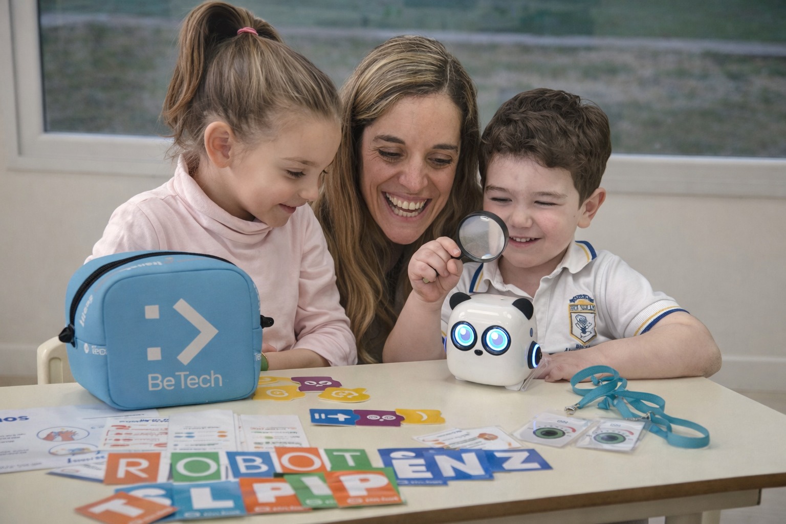 Docente y alumnos explorando robótica con Be Tech